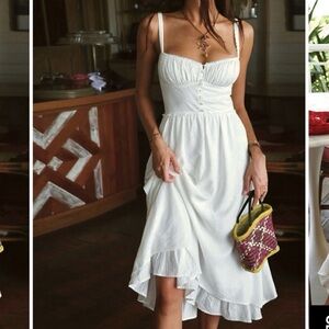 Commence White Ruffle Cottage Core Lace-up Back Midi Dress S